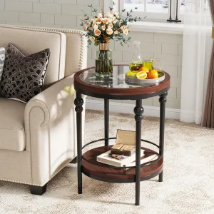 Round End Table, 2-Tier Side Table with Glass Tabletop & Storage Shelf