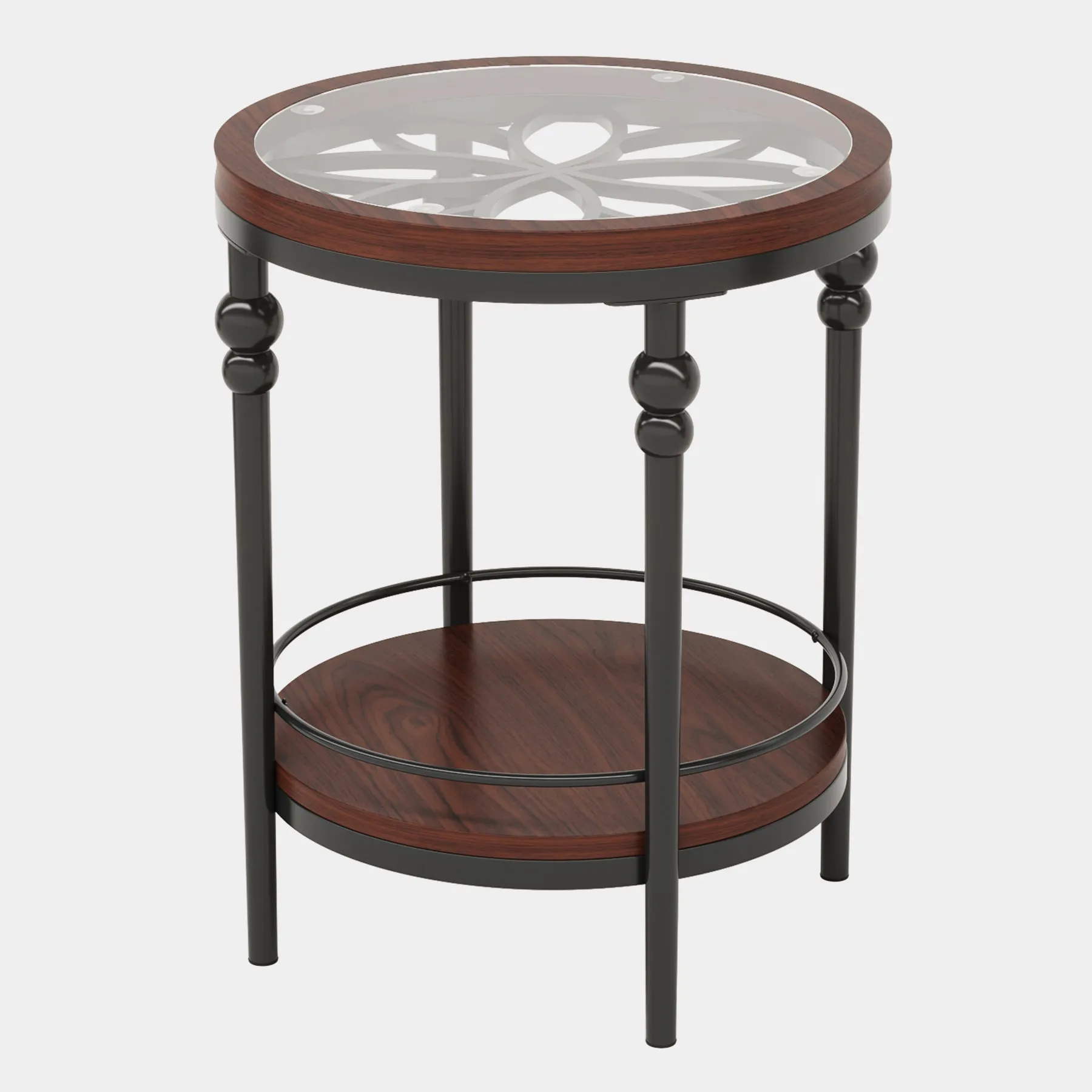 Round End Table, 2-Tier Side Table with Glass Tabletop & Storage Shelf