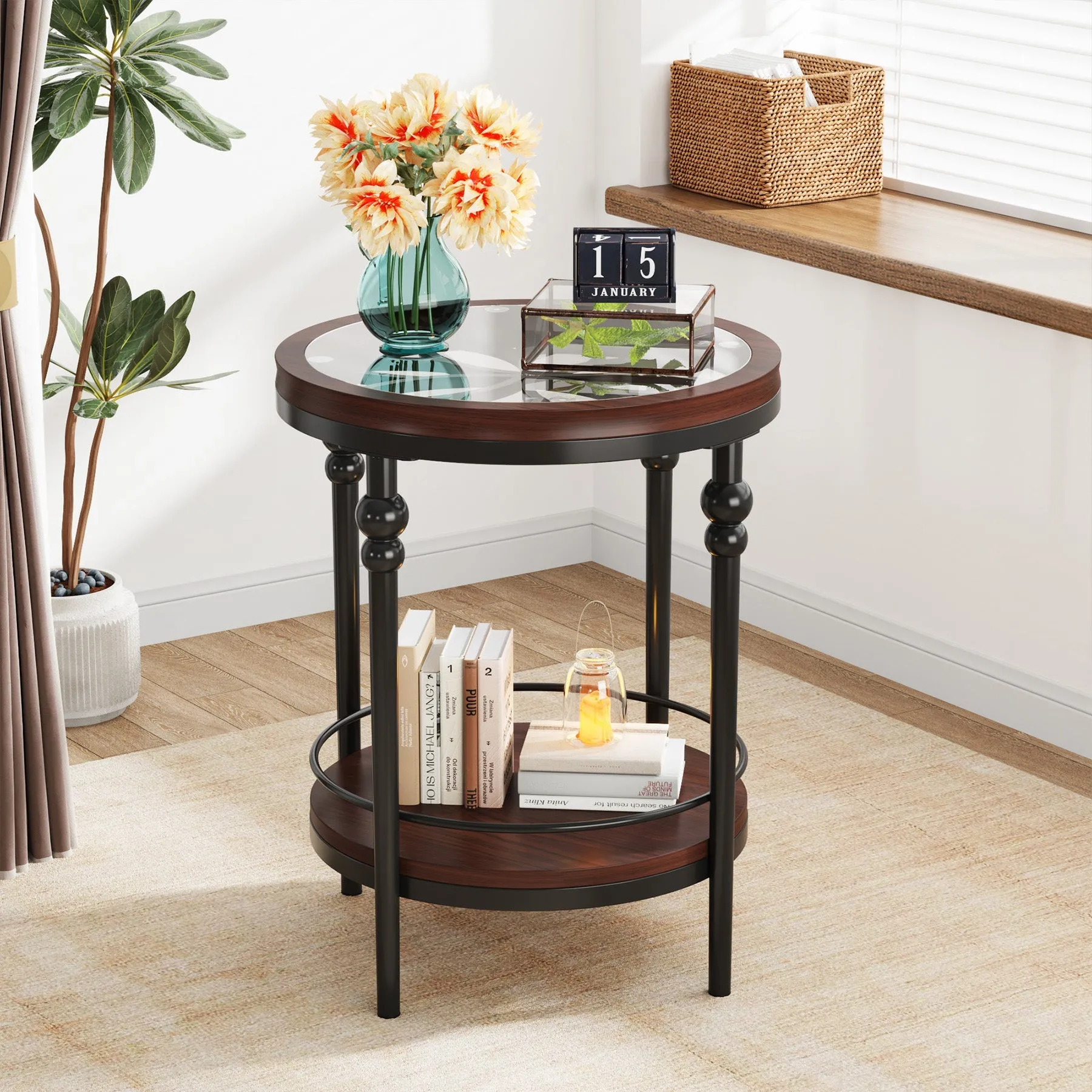 Round End Table, 2-Tier Side Table with Glass Tabletop & Storage Shelf