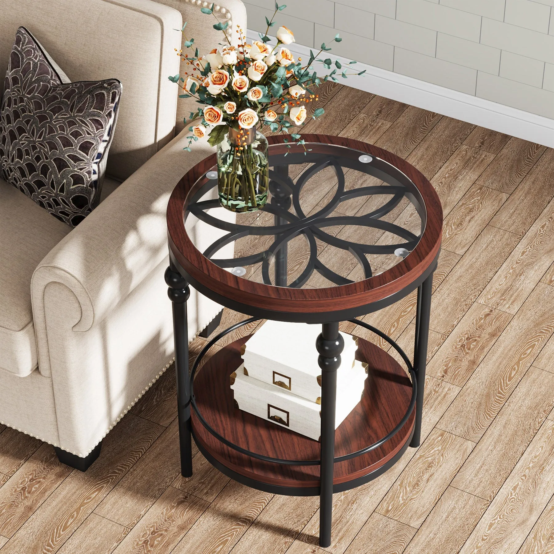 Round End Table, 2-Tier Side Table with Glass Tabletop & Storage Shelf