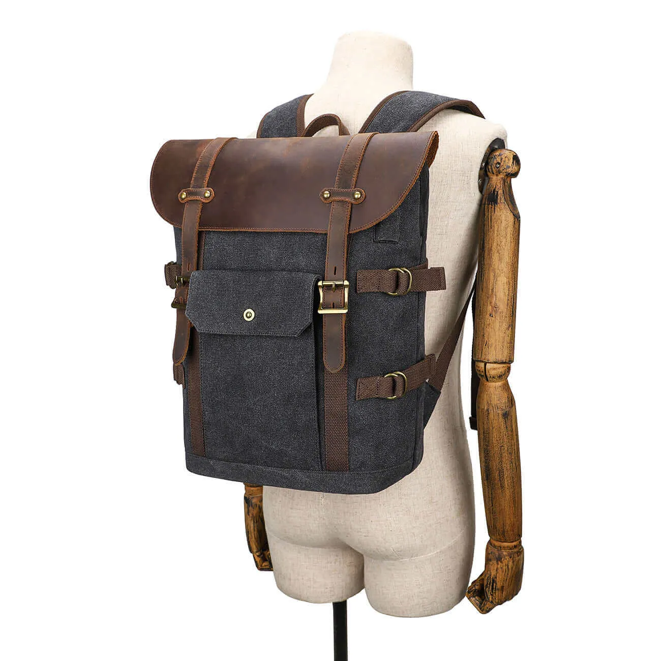 Rugged Crazy Horse Leather & Canvas Laptop Backpack - Fits 15.6" Laptop 22L