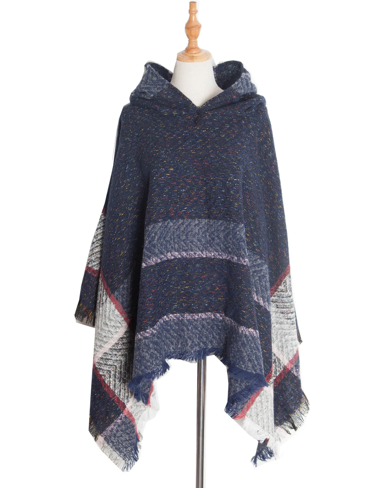 Spring Autumn Winter Herringbone Pattern Ladies Hooded Shawl Pullover Cloak