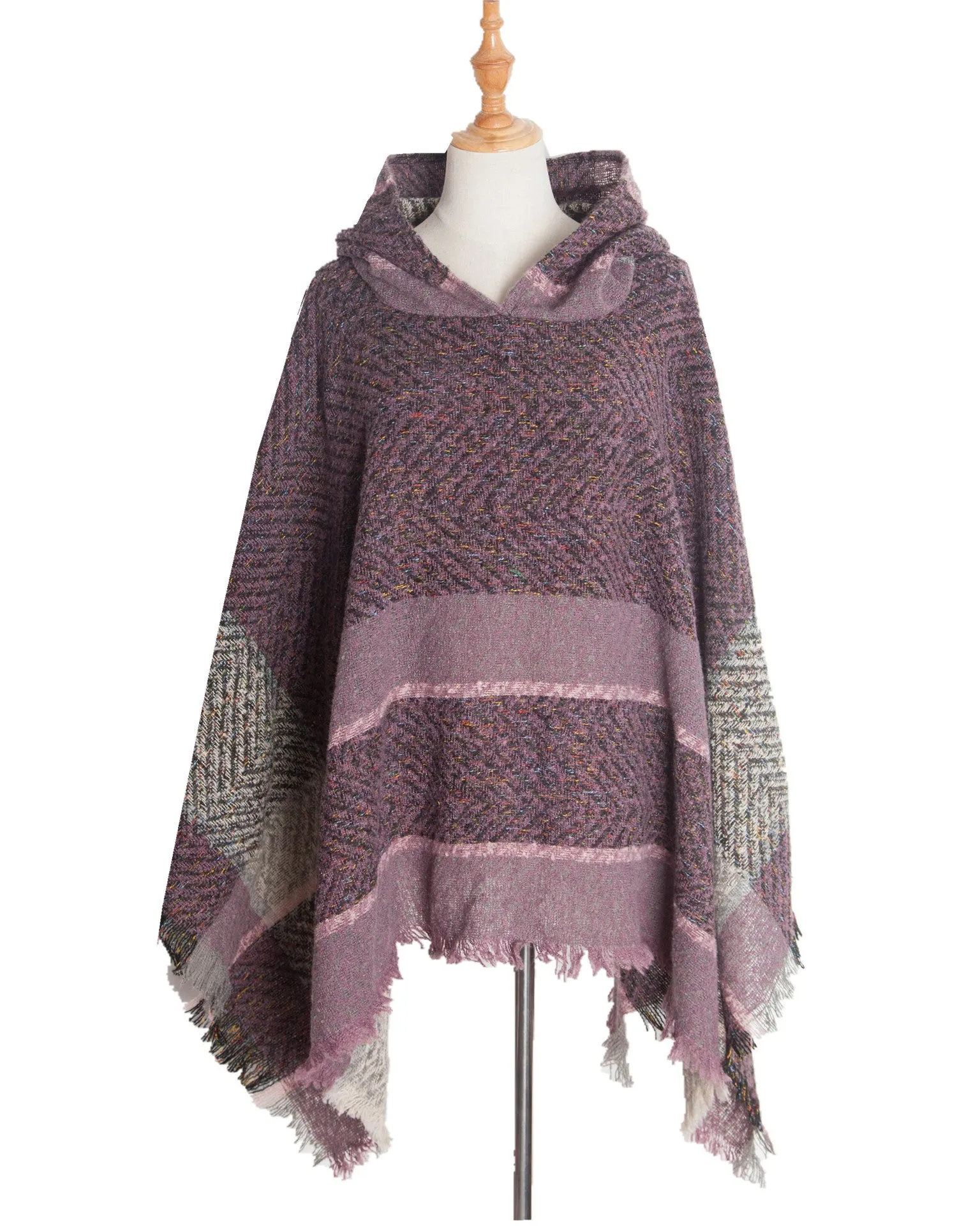 Spring Autumn Winter Herringbone Pattern Ladies Hooded Shawl Pullover Cloak