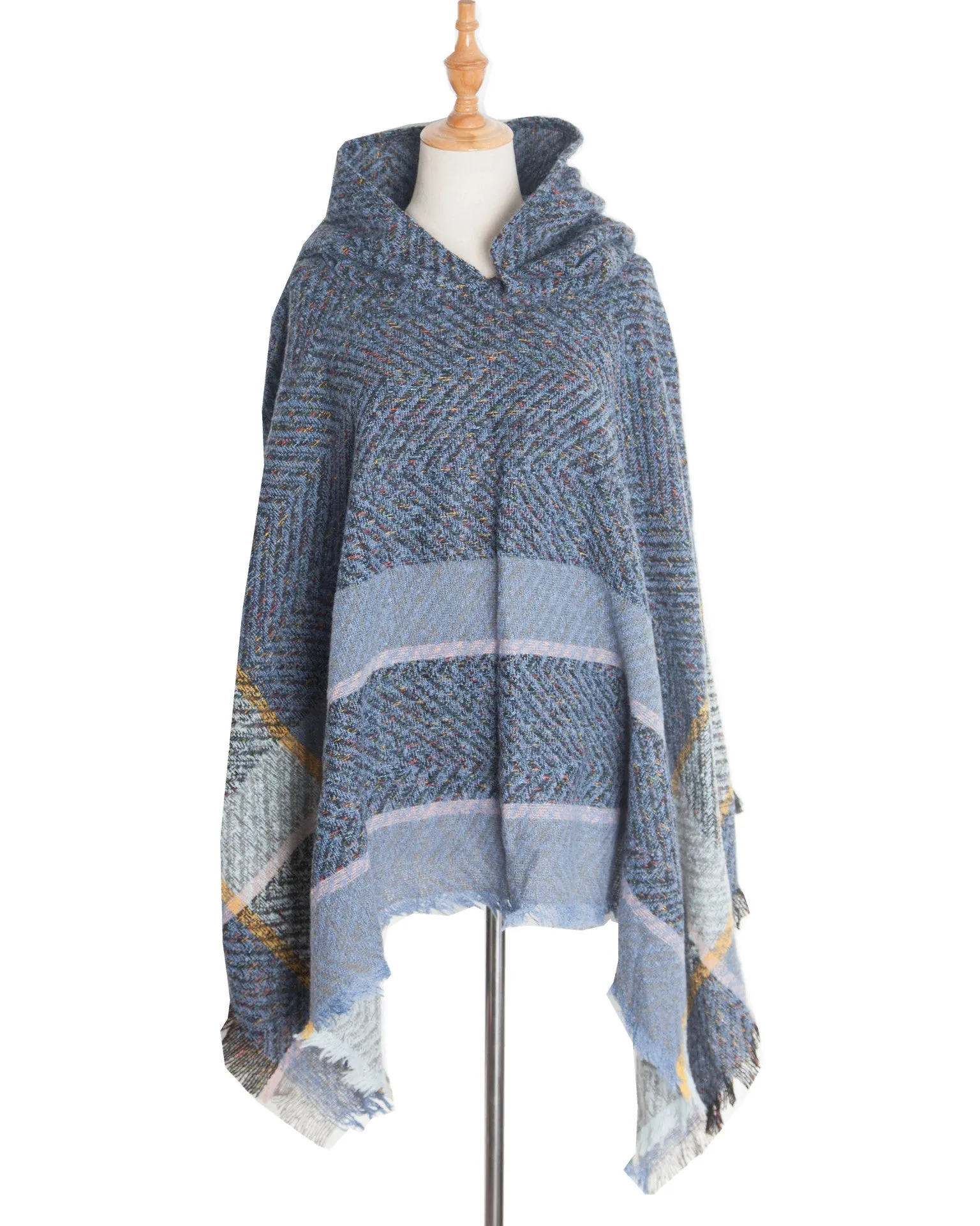 Spring Autumn Winter Herringbone Pattern Ladies Hooded Shawl Pullover Cloak