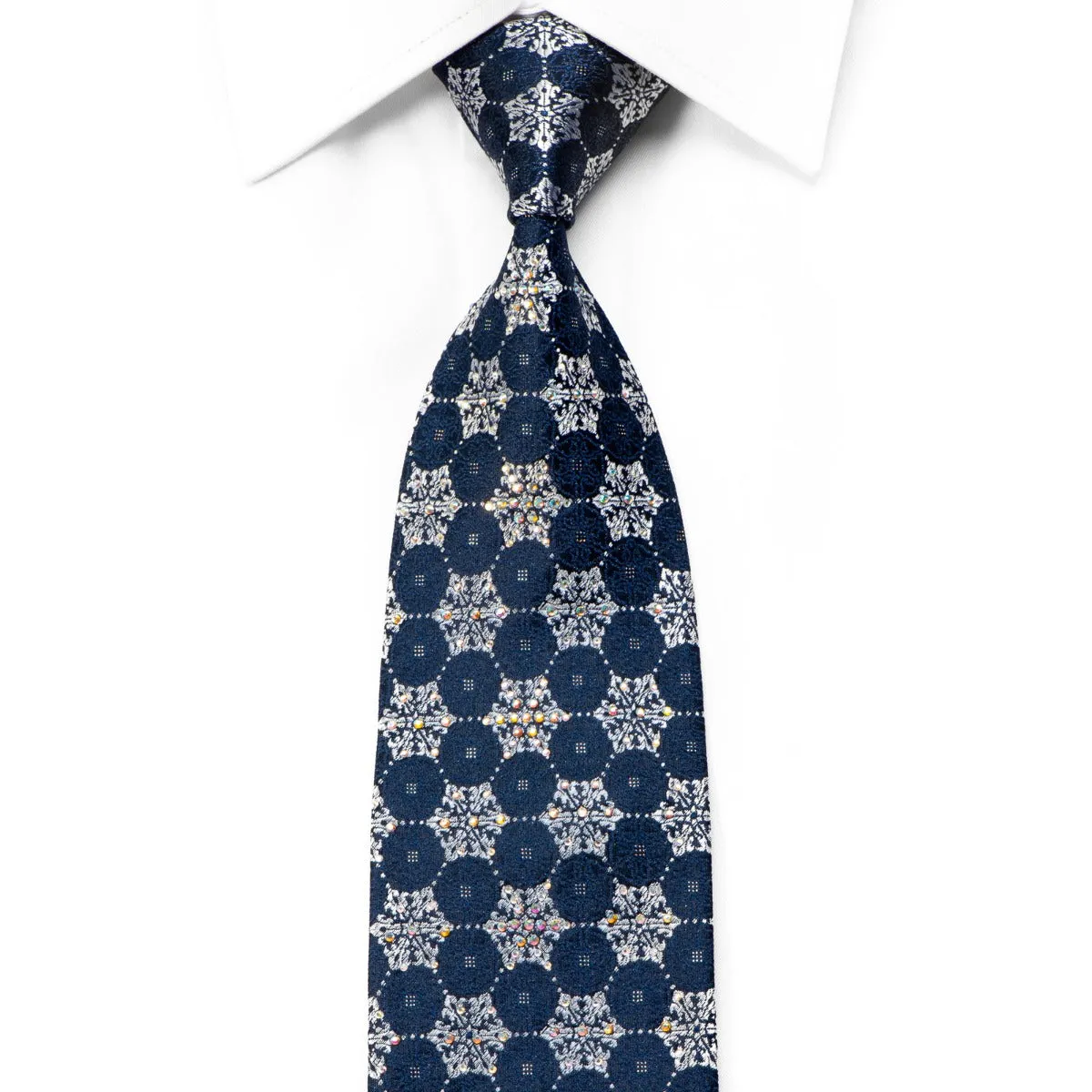 TLS Rhinestone Silk Necktie Silver Geometric On Navy With Sparkles