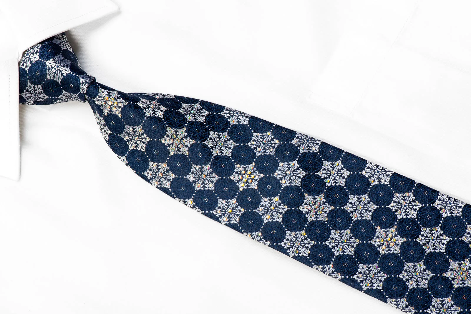 TLS Rhinestone Silk Necktie Silver Geometric On Navy With Sparkles