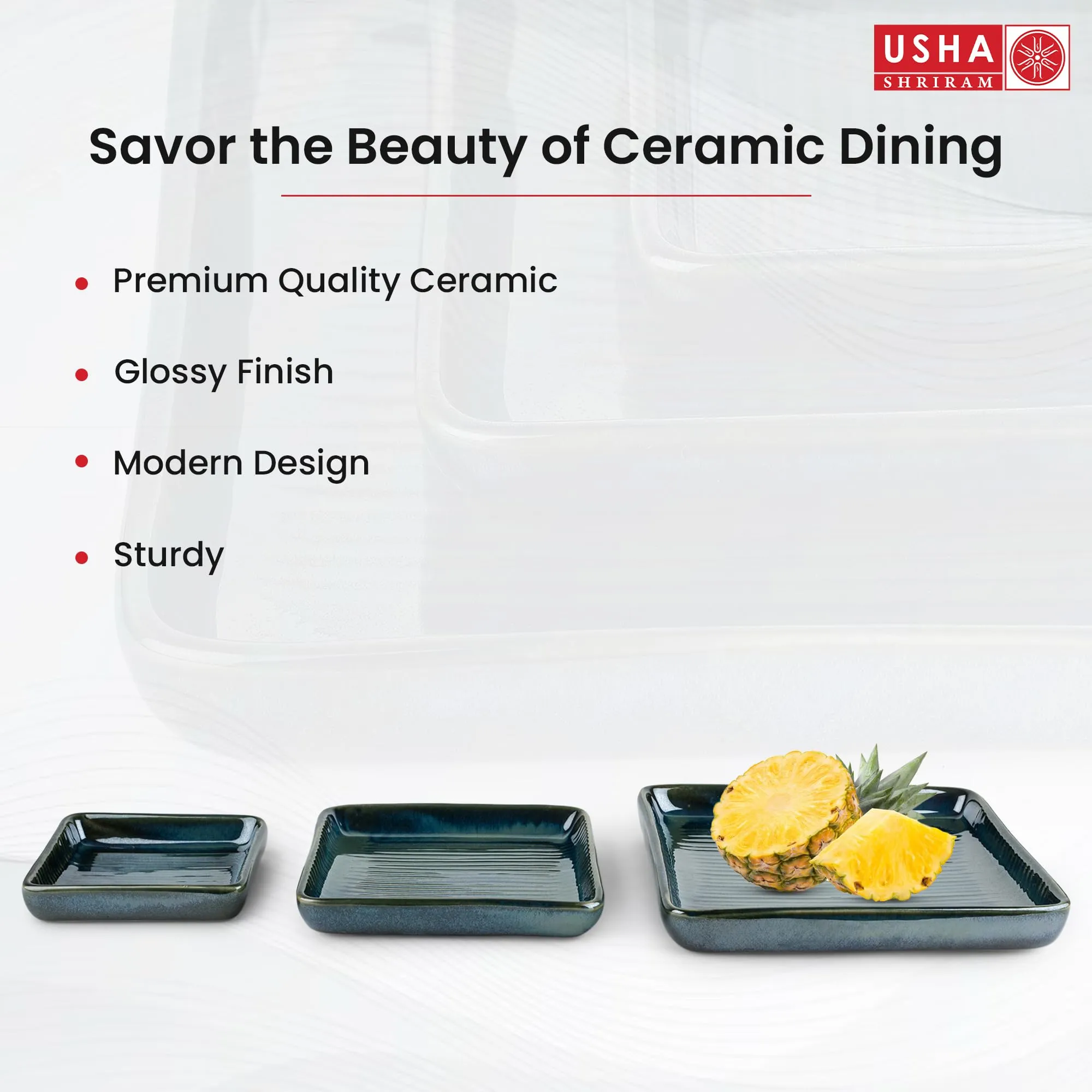 USHA SHRIRAM Ceramic Tray for Serving | Serving Tray Set of 3 | Dry Fruit Tray for Serving | Square Tray | Ceramic Serving Platter Set | Platter Tray | Snack Tray | Microwave Safe Plates (Green)