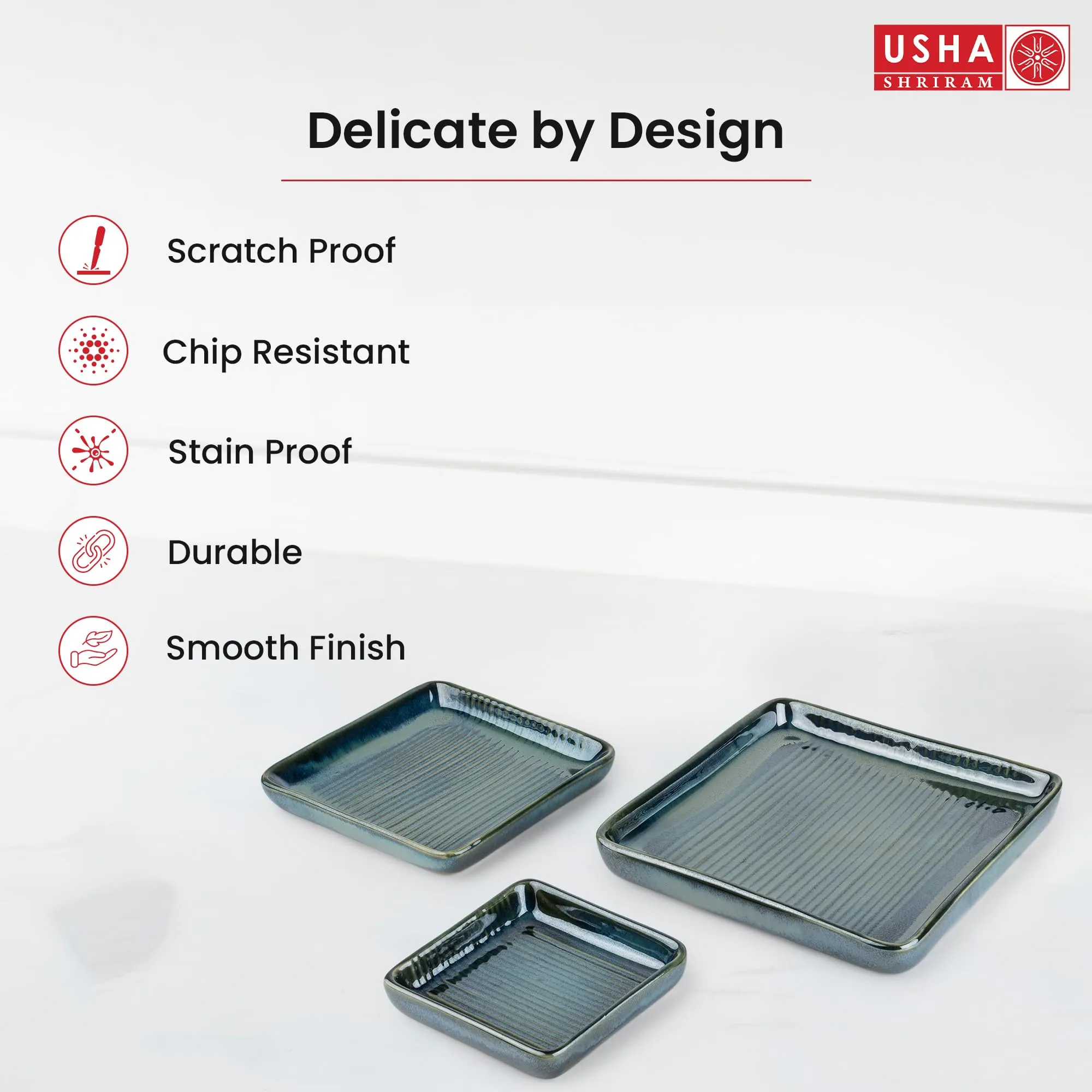 USHA SHRIRAM Ceramic Tray for Serving | Serving Tray Set of 3 | Dry Fruit Tray for Serving | Square Tray | Ceramic Serving Platter Set | Platter Tray | Snack Tray | Microwave Safe Plates (Green)