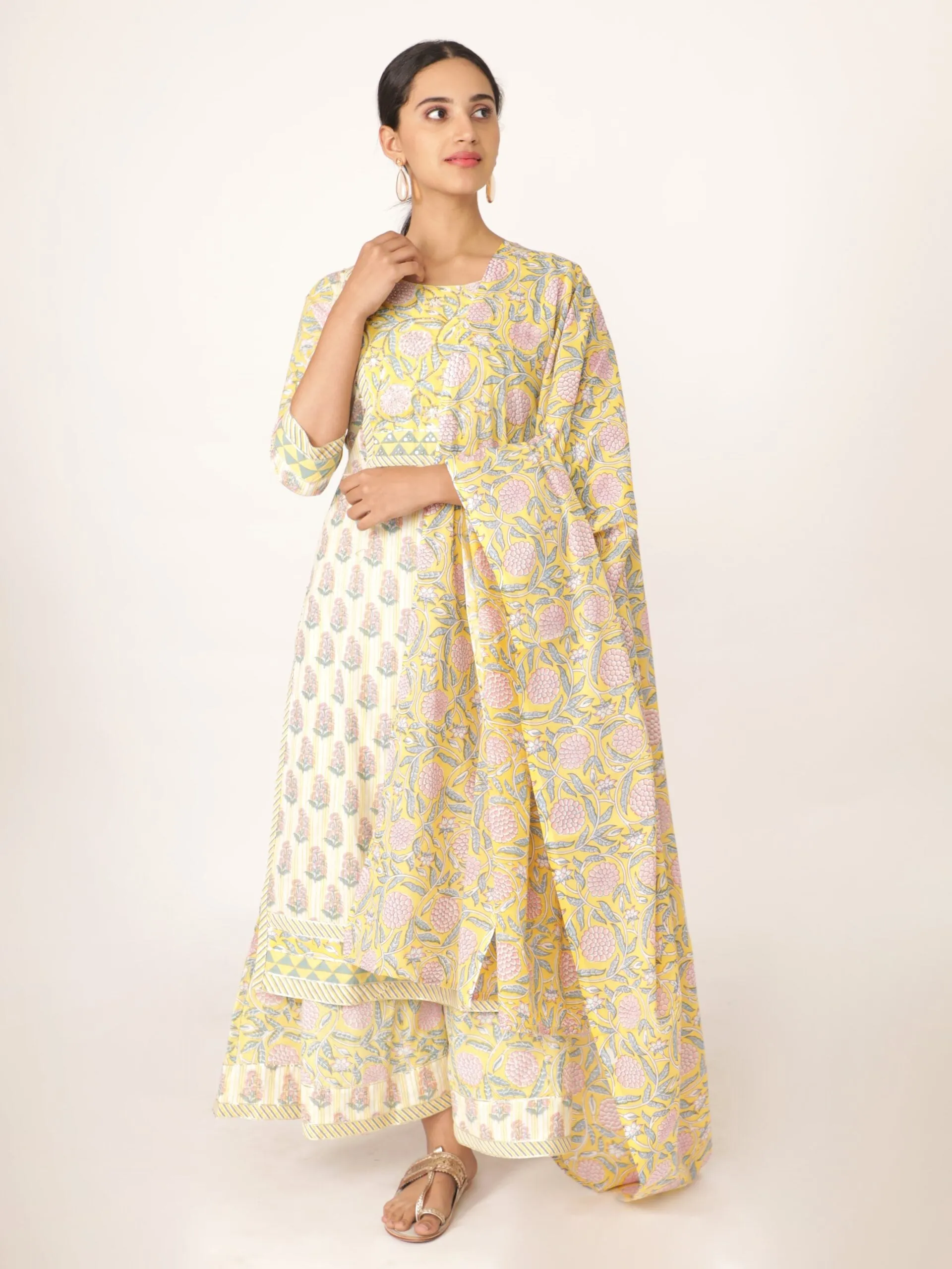 White Hand Block Bagru Printed Straight Kurta Set