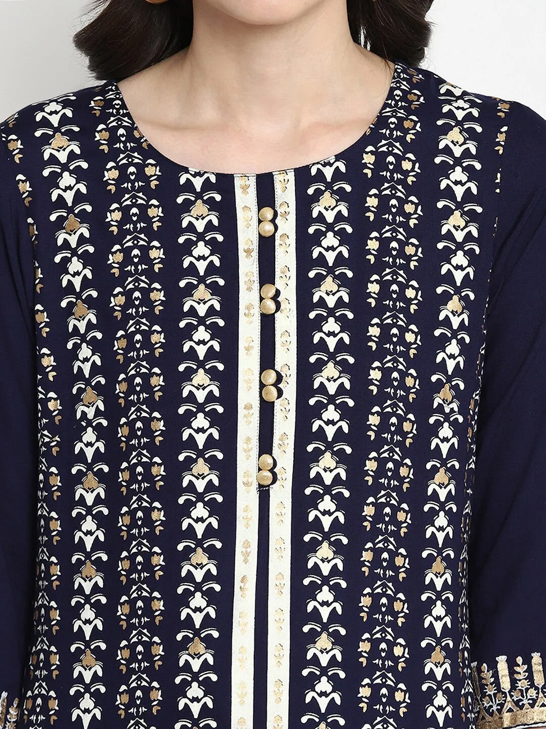 Women Navy Blue & White Printed Kurta With Palazzos & Dupatta