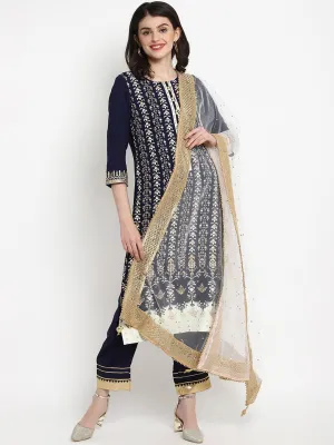 Women Navy Blue & White Printed Kurta With Palazzos & Dupatta