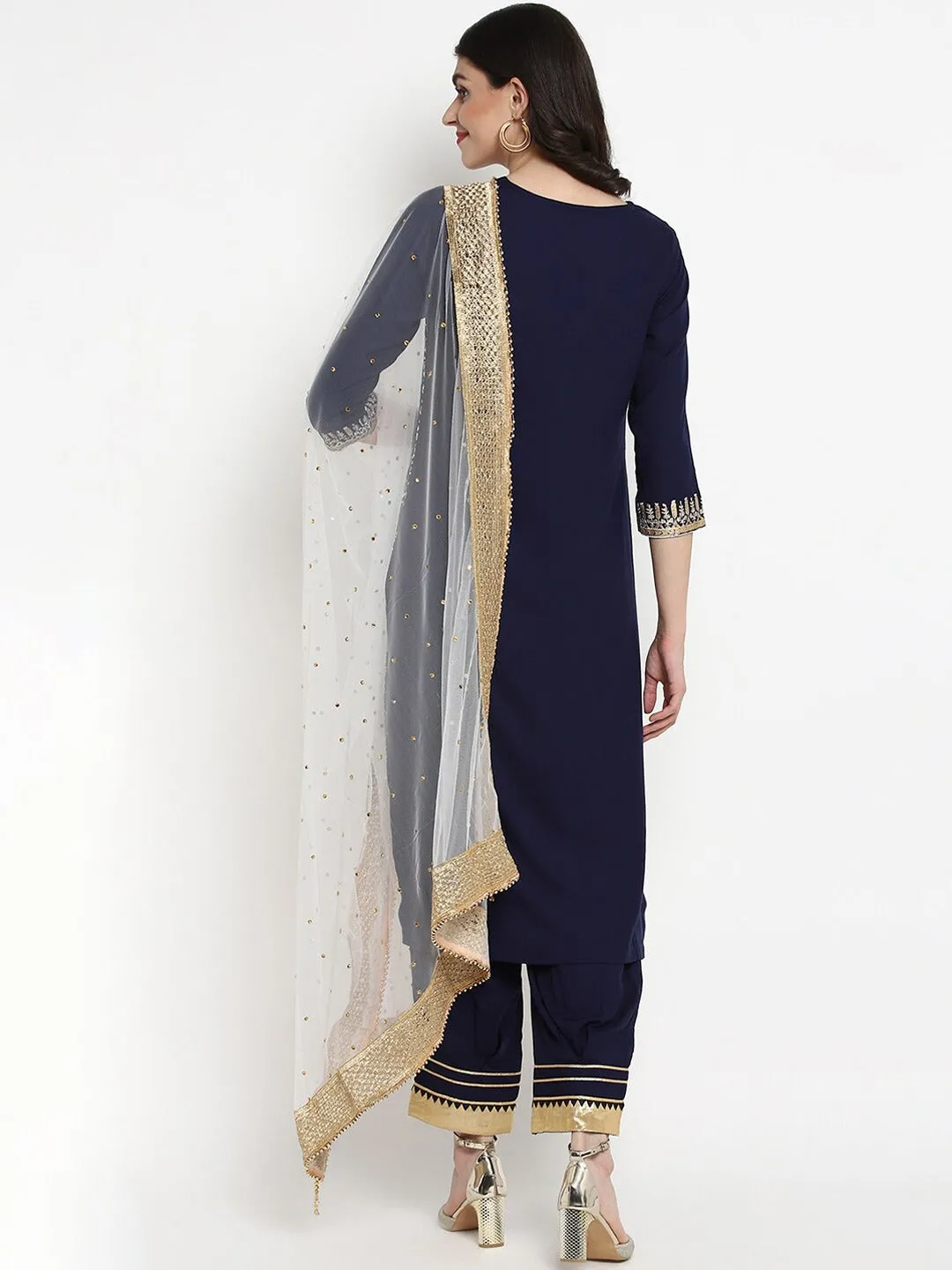 Women Navy Blue & White Printed Kurta With Palazzos & Dupatta