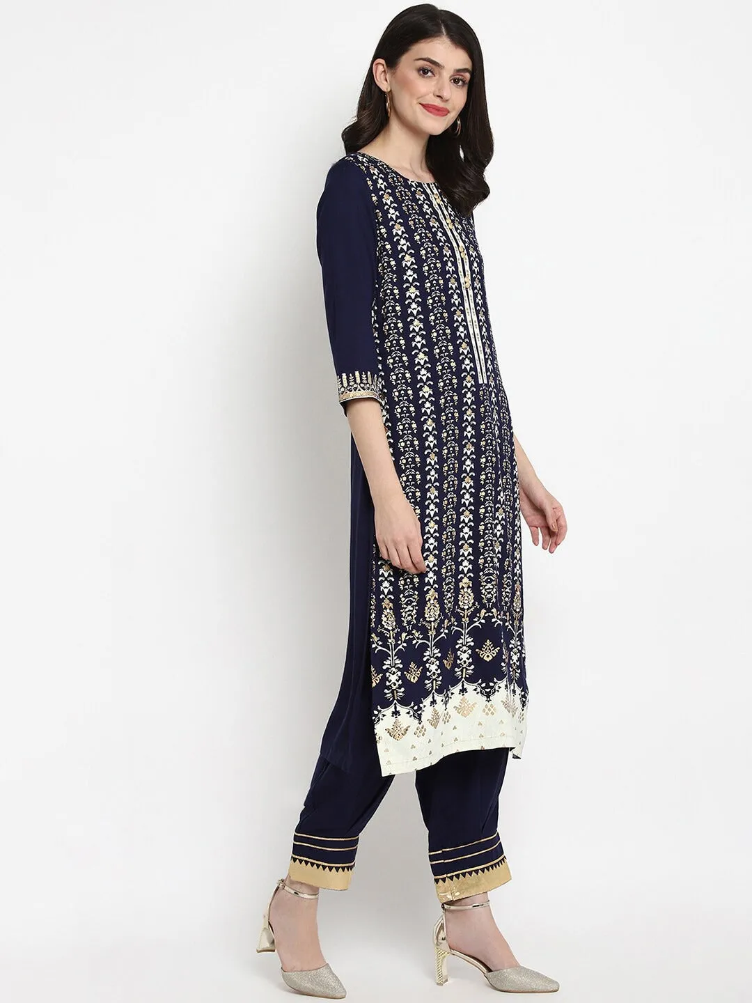 Women Navy Blue & White Printed Kurta With Palazzos & Dupatta