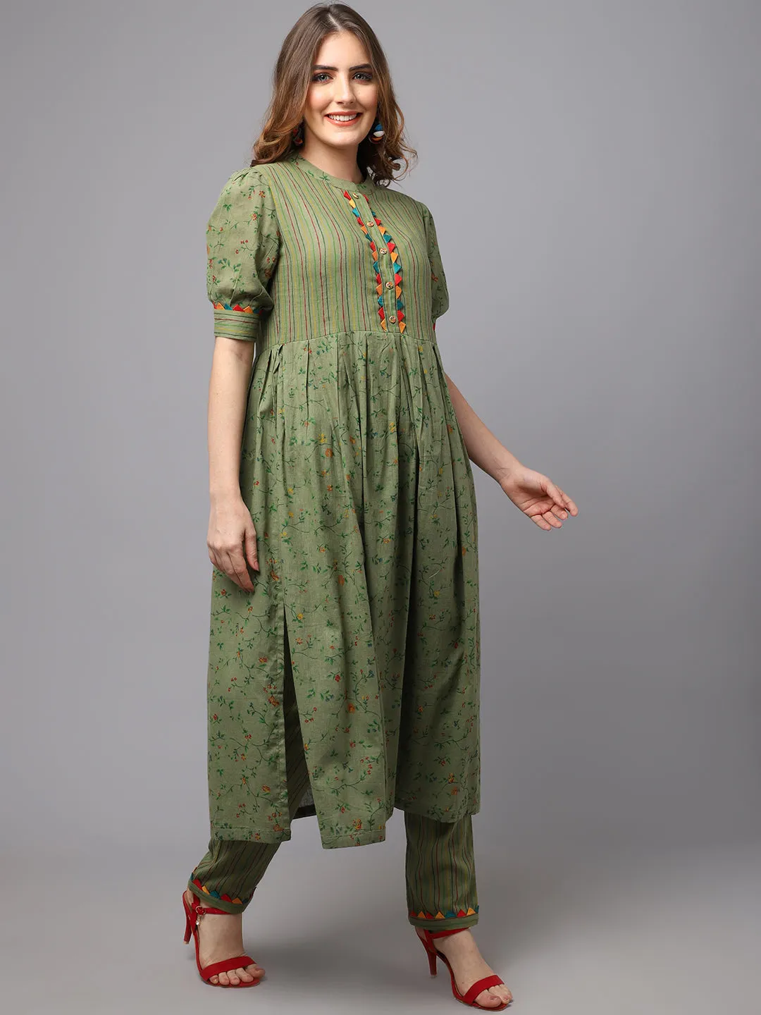 Women Olive Green Flower Print And Strip Kurta